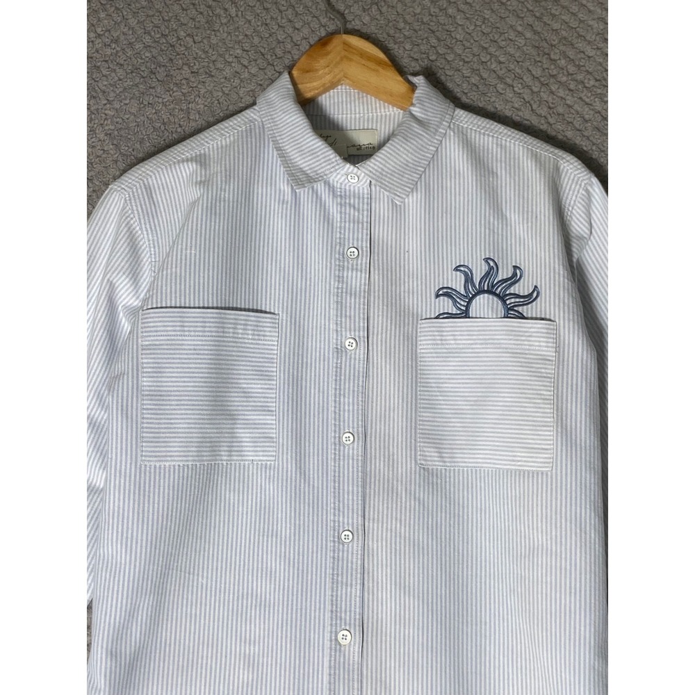 Boho Striped Button Down Shirt Embroidered Medium Celestial Minimalist Preppy - Picture 3 of 8